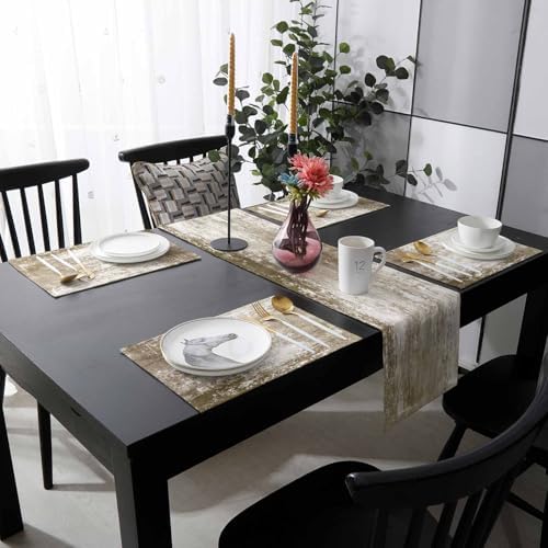 Shabby Brown Table Runner and Placemats for Dining Table,Burlap Coffee