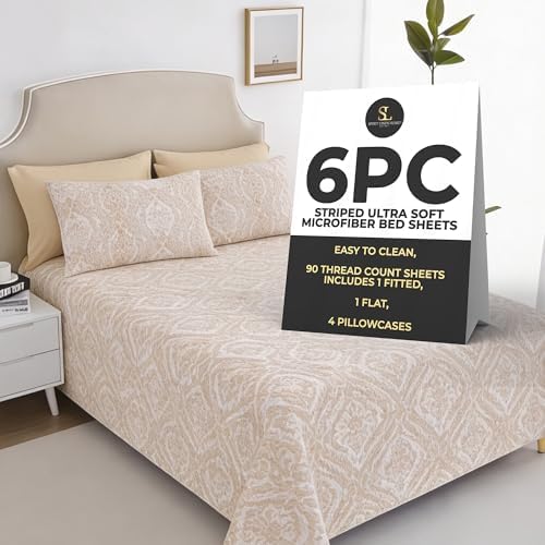Home 6-Piece Soft Bed Sheet Set - Queen, Taupe Paisley Design