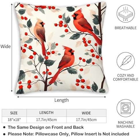 Red Cardinal Throw Pillow Covers 18x18 Set of 2 | Bird Berry Branch