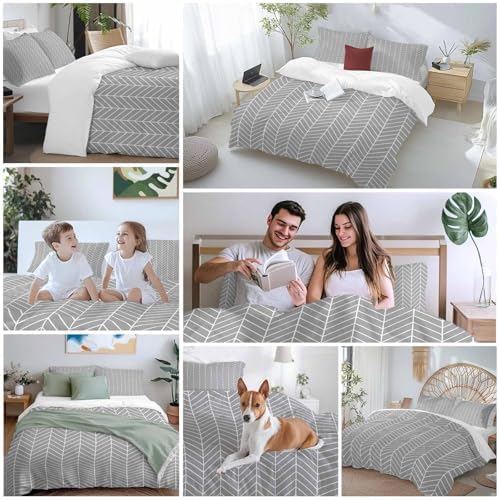 Grey Geometric Bedding 3 Piece Duvet Cover Set Queen Size, Modern Pure