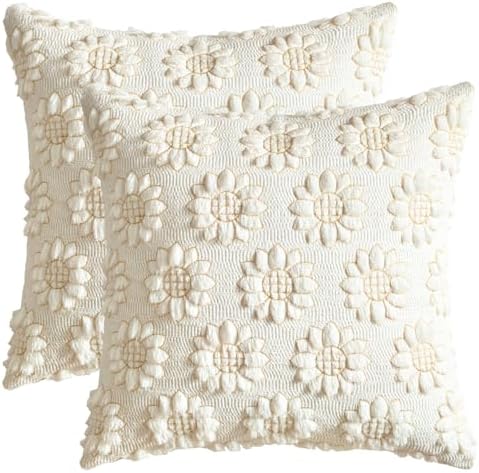 EMEMA Cream Floral Tufted Throw Pillow Covers, Set of 2 Soft Textured