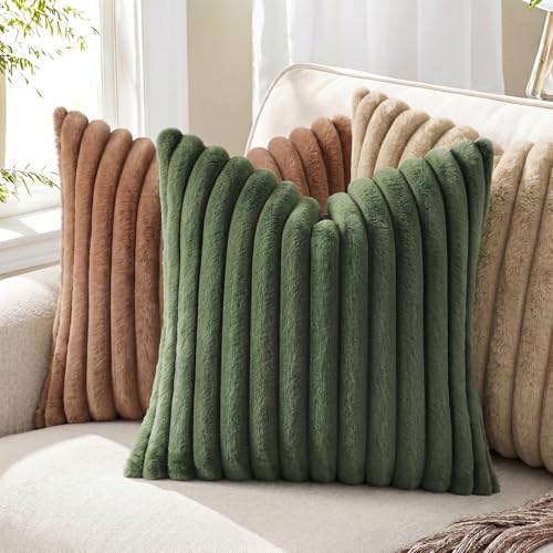Pallene Faux Fur Decorative Throw Pillow Covers 22x22 Set of 2, Olive