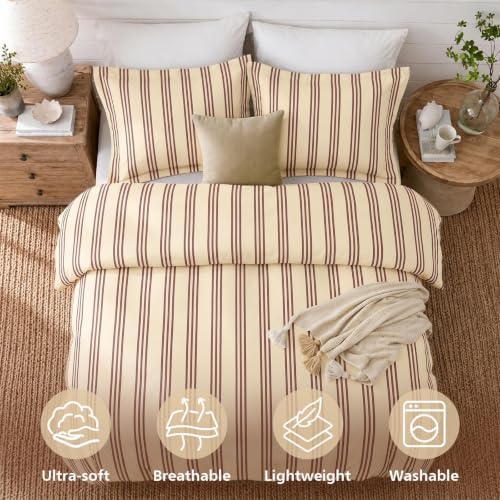 JOLLYVOGUE Striped Duvet Cover King, Brown Duvet Cover with Red