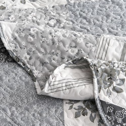 Cmfshape Summer Floral King Bedspread,Romantic Grey Quilt Set