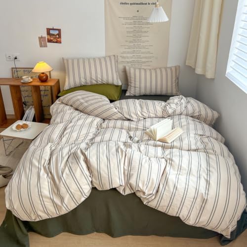 Striped Duvet Cover King Size Beige Grey Green Stripes Bedding Set