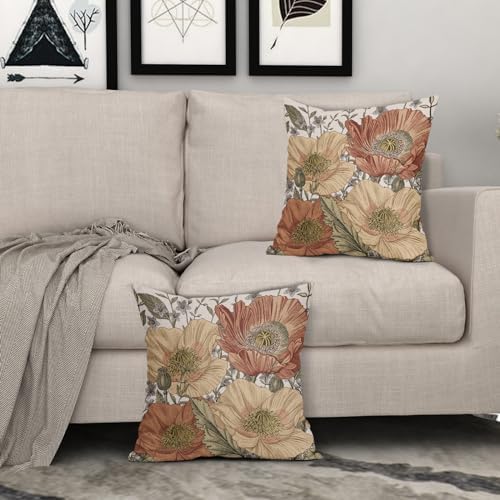 Brown Rust Red Vintage Floral Pillow Covers 18x18 Rustic Flowers