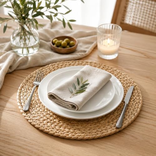 Set of 8 Round Woven Placemats, 13 Inch Rattan Chargers for Dinner