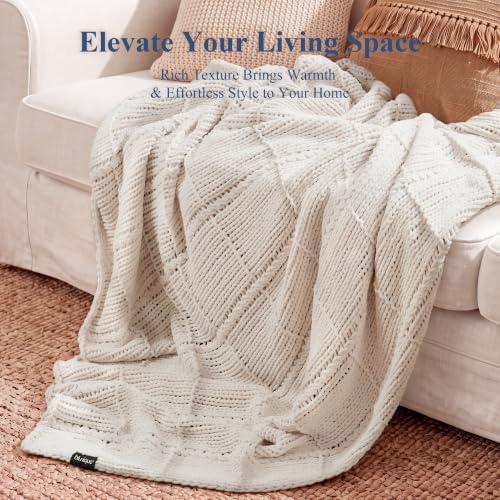 Chenille Knit Throw Blanket, Soft Cable Knit Blanket with Openwork