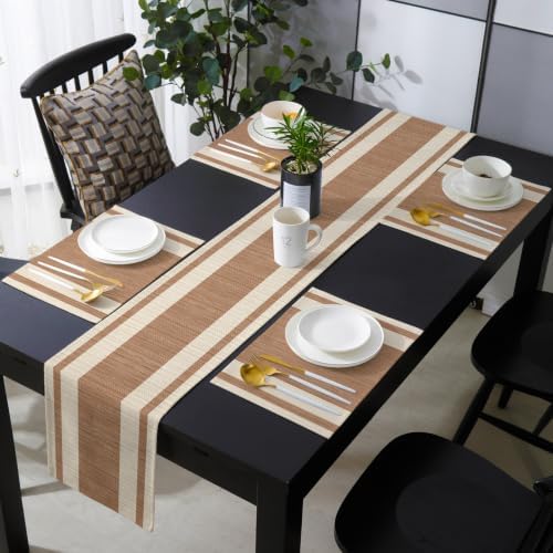 Classic Stripe Table Runner and Placemats Set of 4 Modern Brown Fabric