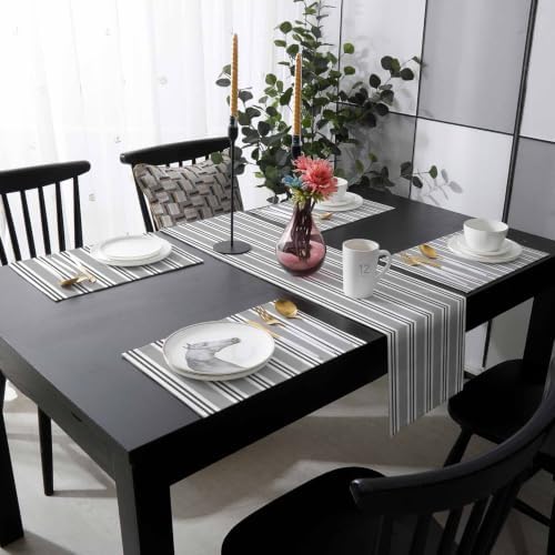 Gray Black and White Stripe Table Runner and Placemats Set of 4