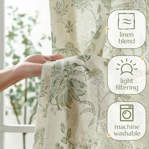 jinchan Green Floral Linen Curtains 84 Inch Vintage Back Tab 2 Panels