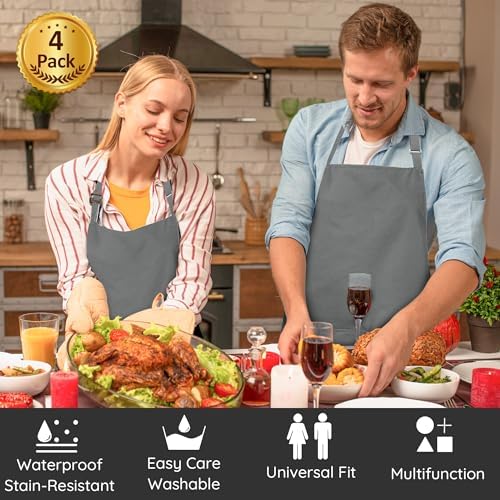 4 Packs Waterproof Cooking Chef Bib Aprons with 2 Pockets for Men