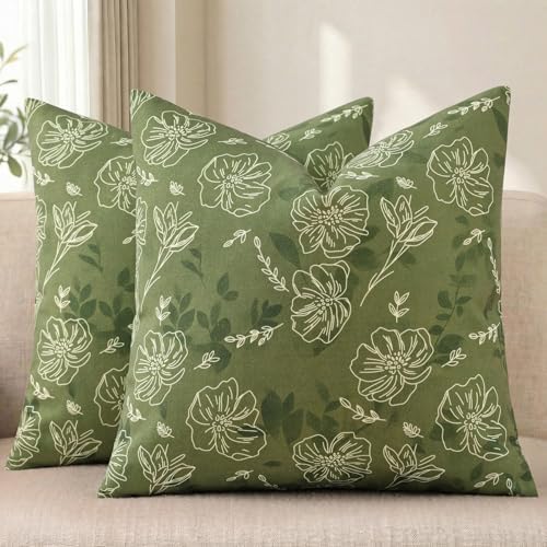 decorUhome Floral Faux Linen Throw Pillow Covers 22x22 Set of 2 Olive