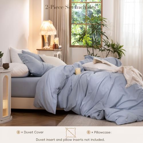 Duvet Cover Set 100% Washed Cotton Linen Feel 2‐Pcs Twin