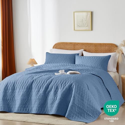 akkialla Full/Queen Quilt Set, Boho Style in a Solid Color, Bluish