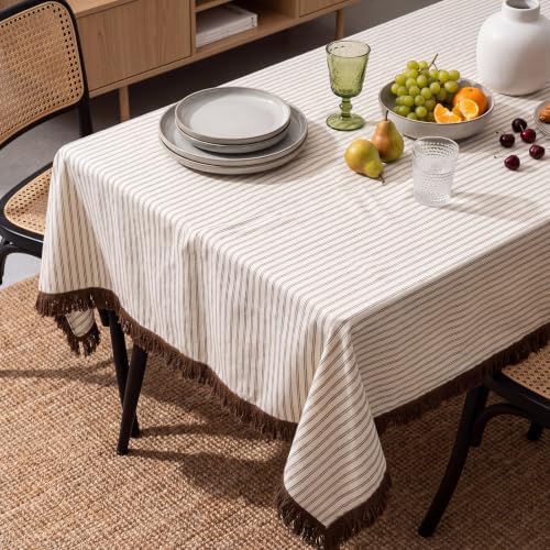 Beige Linen Rectangular Tablecloth, 70x52 Inch, Farmhouse Style