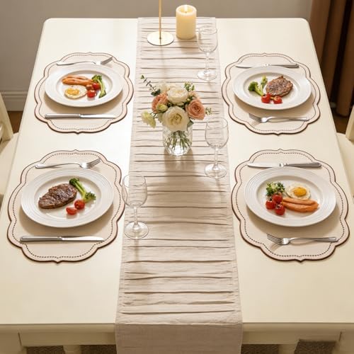 Cotton Linen Placemats Set of 4 - Double Layered, Luxury Scalloped