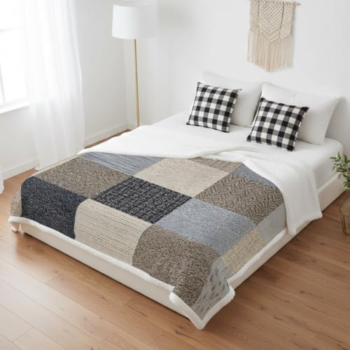 Khaki Grey Woven Sherpa Fleece Throw Blanket Modern Minimalist