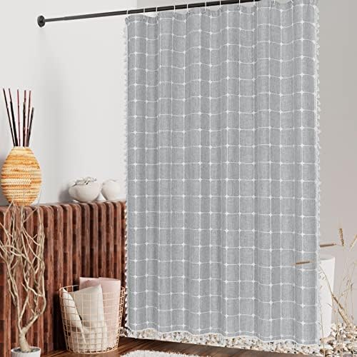 Boho Farmhouse Classic Plaid Linen Tassel Shower Curtain Grey,72x72