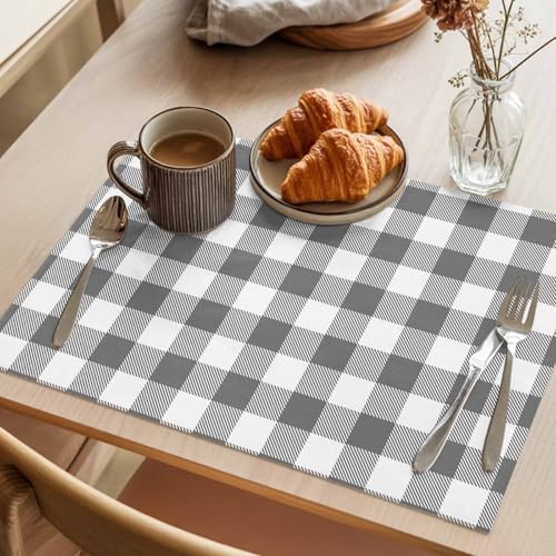 Cotton Linen Placemats for Dining Table Set of 8 Gray Buffalo Check