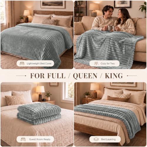 HIMEET Grey Queen Size Blanket for Bed, 300GSM Ribbed Fleece