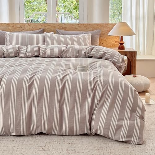 Striped Duvet Cover Set 100% Washed Cotton Linen Like Super Soft Chic