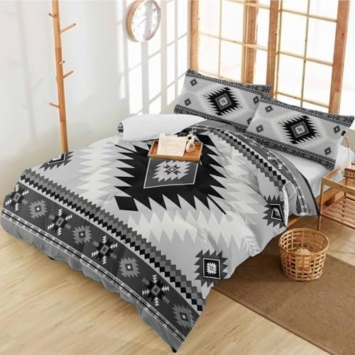 Duvet Cover Set Full, Aztec Gray Geometric Pattern 3 Piece Bedding Set