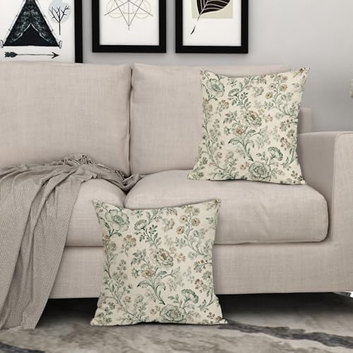 Sage Green Brown Vintage Floral Pillow Covers 22x22 Inch Set of 2