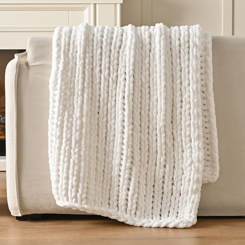 Esterra 100% Hand Knitted Chenille Throw Blanket, 50"x60", White