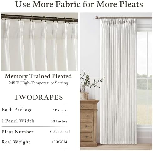 Short Beige White Linen Pinch Pleated Semi Sheer Curtains 63 Inch Long