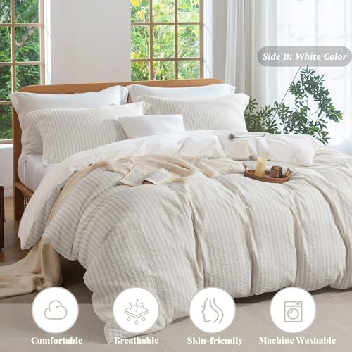 MILDLY Jacquard Striped Duvet Cover Set 2pcs Dual Zipper Beige Twin