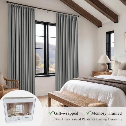 Dark Grey Linen Pinch Pleat 84 Inch Black out Curtains 2 Layer Drapes