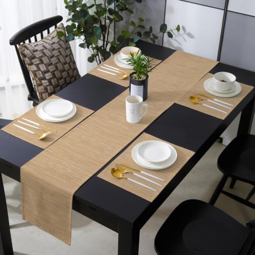 Beige Linen Texture Table Runner and Placemats Set of 6 Rustic Solid