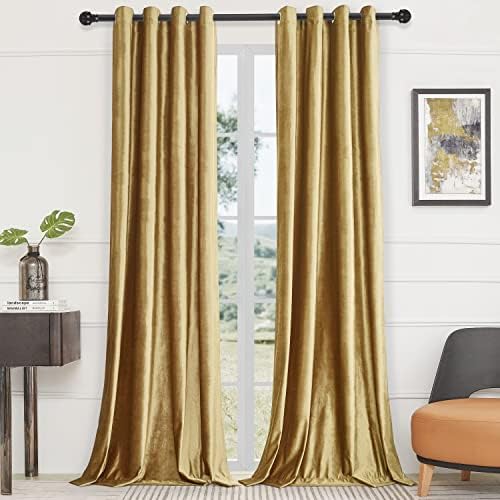 Velvet Gold Grommet Blackout Curtains 120 inch Length for Living Room