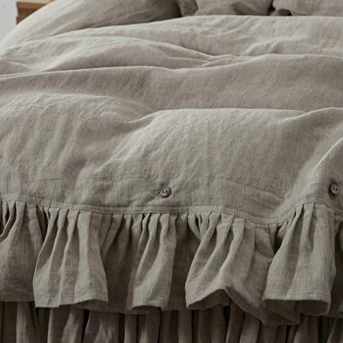 100% Linen Duvet Cover Set, 3Pcs Farmhouse Ruffled Bedding Cover Set
