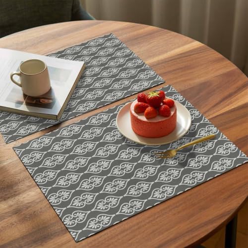 Grey Boho Placemats Set of 6, Washable PVC Kitchen Table Mats Place