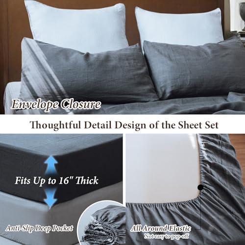 QKTE 100% Natural Linen Sheets Set 4 Piece - Washed Linen Bedding Set
