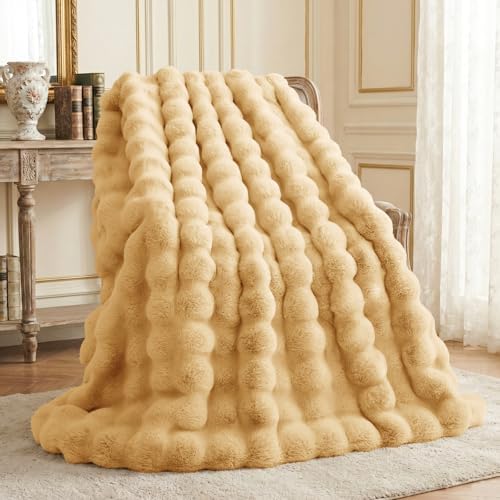 L'AGRATY Faux Rabbit Fur Throw Blanket for Couch, 60''x80'', Milk Tea