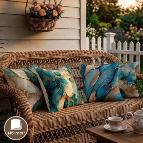 OBSEDE Teal Gold Leaf Decorative Throw Pillow Covers 18 x 18 Inch Set