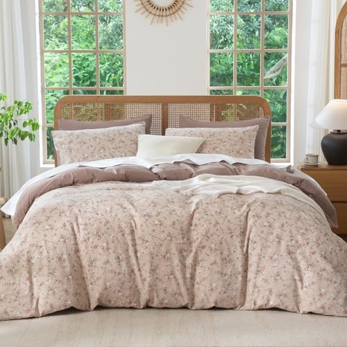 Floral Duvet Cover Queen Size - 3 Pieces Brushed Microfiber Crinkle