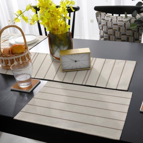Beige Stripes Table Mats Set of 6 with Table Runner 90 Inches