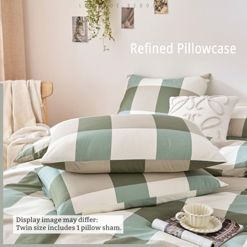 Sage Olive & Oatmeal Neutral Plaid Cotton Duvet Cover Set Twin Size