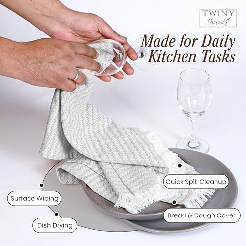 TWINY threads 12 Pack 100% Cotton Kitchen Towels, 16"x26" (Light Grey)