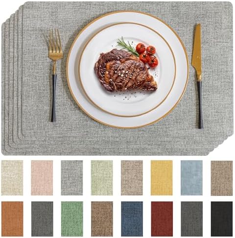 Romanstile Faux Leather Vinyl Placemats Set of 6, Light Grey