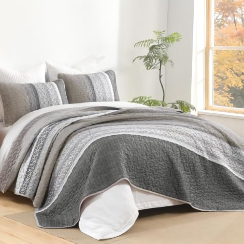 Cottolester Quilt Set Queen,Taupe Grey Striped Patchwork Bedspread