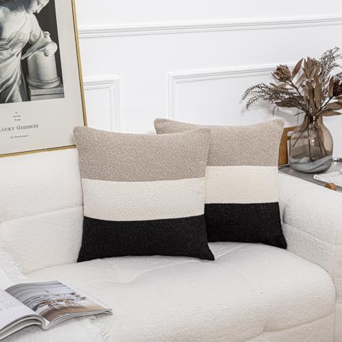 18x18 Boucle Striped Throw Pillow Covers Set of 2 Oatmeal Cream Black