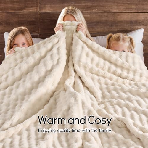 Lotus Karen 3D Bubble Fleece Blanket - Ultra Soft Fluffy Beige Throw