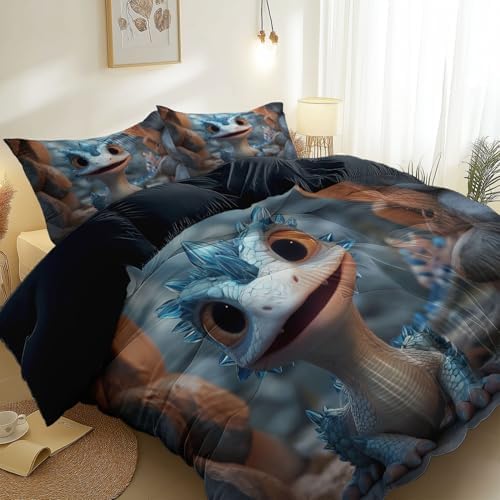 Duvet Cover Set King, 3pc Reversible Cute Fairy Tale Animals Dragons