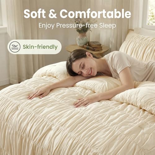 Bedbay 100% Cotton Ruched Duvet Cover Set King Size, Elegant Ivory