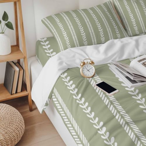 Leaf Stripes California King 4 Piece Duvet Cover Set, Botanical Rustic